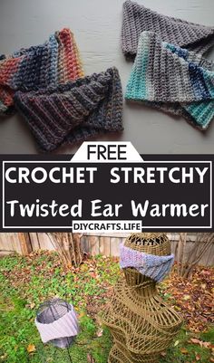 two crocheted scarves with text overlay reading free crochet stretchy twisted ear warmer