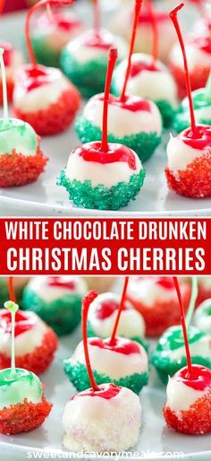 white chocolate drunken christmas cherries with red and green sprinkles