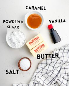 ingredients needed to make peanut butter cookies laid out on a white counter top with text overlay