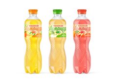 three bottles of mojitta orange and apple juice on a white background with clippings