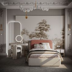 a bedroom with a bed, mirror and dressing table in front of a painting on the wall