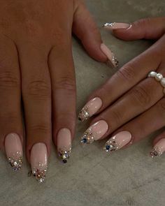 #diamond #diamondnails #frenchtip #nyenails #holidaynails #decembernails #fancynails #nailart #sparklynails Gold Bejeweled Nails, Sparkly Bling Nails, Almond Prom Nails Acrylic, Diamond Tip Nails Rhinestones, Ring Stone Nails, Bedazzled Almond Nails, White Nail Gem Designs, Nails With Lots Of Gems, Jewels On Nails Rhinestones