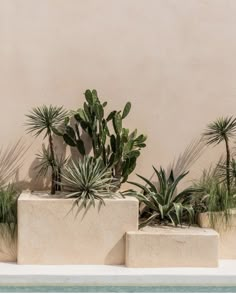 three cement planters sitting next to a swimming pool