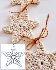 three crocheted star ornaments tied together with twine