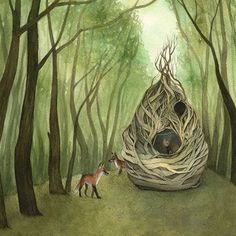 a painting of two foxes in the woods next to a bird's nest that is made out of branches