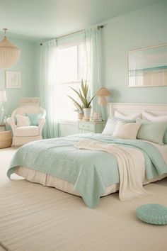 a bed room with a neatly made bed next to a chair and table in front of a window