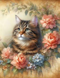 a painting of a cat surrounded by flowers