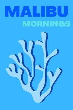 a blue poster with white corals and the words malibu mornings on it