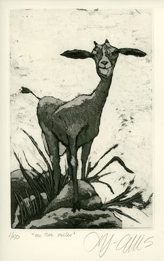 a drawing of a goat standing on top of a hill