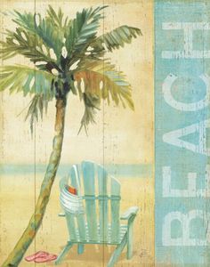 a painting of a beach chair and palm tree with the words relax written on it