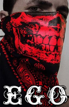 Whats up gangsters, thugs and rabble rousers!! This is an all Black bandana with Very sick red paisley, a nasty Red and Black Skull silk screen printed from a hand drawn skull design with Egologics printed cholo Script in the corner! It is 22x22 inches and is meant to be folded in half and warn around the face to paralyze anybody in fear they come in contact with. This design is so fly it could of only came from the streets of south Florida!! This is perfect for any urban city kid, biker, skater Hell Raiser, Drawn Skull, Skull Bandana, Black Bandana, Mens Fashion Wear, Image Swag, Bandana Design, Red Skull, Red Paisley