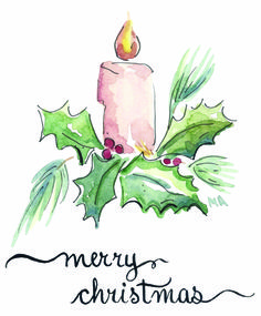 a watercolor christmas candle with holly leaves and berries