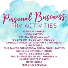 a blue watercolor background with the words personal business prv activities written in red