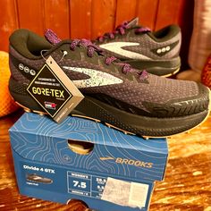 Brand New In Original Box! Women’s Size 7.5 Brooks Waterproof Trail Running Shoes Brown Gore-tex Waterproof Trail Running Shoes, Women’s Brooks Shoes, Brooks Glycerin Womens Shoes, Functional Trail Running Shoes With Abzorb Midsole And Gore-tex, Gray Gore-tex Trail Running Shoes For Hiking, Brooks Shoes, Brooks Running, Trail Running Shoes, Trail Running