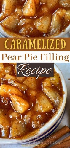 caramelized pear pie filling recipe in a bowl with cinnamon sticks on the side