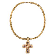 Chanel - (Made in France) Golden metal necklace with a cross pendant tied down and ornamented with rhinestones and glass paste. Rare jewellery from a Haute Couture collection. Additional information: Condition: Very good condition Dimensions: Length: 67 cm Seller Reference: CB13 Vintage Chanel Necklace, Christian Dior Chain Necklace, Chanel Cc Necklace Gold, Vintage Christian Dior Necklace, Dior Necklace Vintage Gold, 22k Gold Necklace, Vintage Chanel Bag, Rare Jewelry, Elephant Necklace