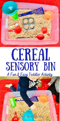 two plastic trays filled with cereal and toys on top of a red tablecloth