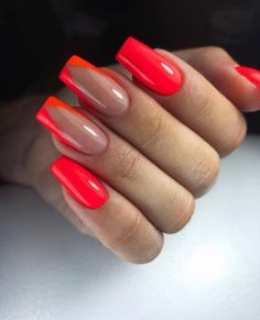 Orange Nails Neon, Neon Coral Nails, Summer Nails Neon, Neon Orange Nails, Red Nail Art Designs, Bright Nail Designs, Orange Nail Designs, Summer Nail Designs