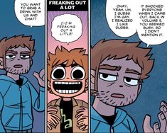 a comic strip with two men talking to each other and one has an open mouth