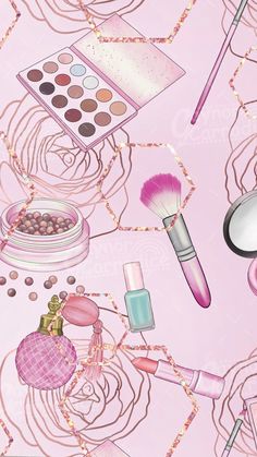 a pink background with various cosmetics and makeup brushes