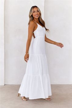 Length from bust to hem of size S: 125cm. 
 Chest: 35cm, Waist: 30cm, across front only of size S. 
 Maxi dress. 
 Lined. 
 Model is a standard XS and is wearing size XS. 
 True to size. 
 Non-stretch. 
 Embroidered fabrication. 
 Elastic back. 
 Tie-up back. 
 Slip on. 
 Cold hand wash only. 
 Main: Cotton Lining: Polyester/Spandex. 
 
 
 
 
 
 
 
 
 Please Note: This product is a Exclusive.  
 
 
 
 
 
 
 
 
 
 Enter your dreamiest era yet with the It's Warming Up Maxi Dress. Featuring a gorge Maxi Dress White, White Long Sleeve Dress, Beachy Waves, Warming Up, Skirt Style, Flowy Skirt, White Maxi Dresses, Dress Romper, Dress White