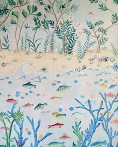 a painting of fish in the water and trees on the side of a beach with waves