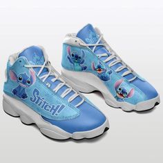 a pair of blue sneakers with the words stitch on them and an image of a cartoon character