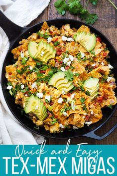 a skillet filled with chicken, avocado and feta cheese on top