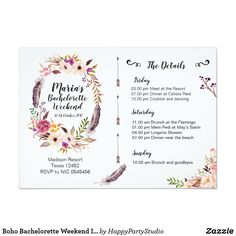 the wedding program is displayed in front of a white background with watercolor flowers and feathers