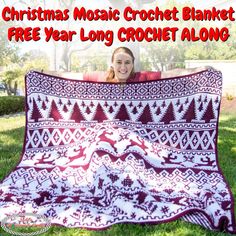 a woman holding up a crochet blanket with the words christmas music crochet blanket free year long crochet along