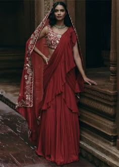 Designer Saree Online #usa #saree #sareeonline #designersaree #sareeonline #sareeboutique #boutiquesaree #uksaree #usasaree #sareeindia Chintz Motifs, Saree Jackets, 1950’s Fashion, Ruffle Saree, Embroidered Belt, Red Chiffon, Saree Blouse Designs Latest