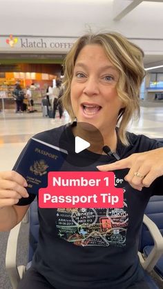 a woman pointing to a passport on her t - shirt that says number 1 passport tip