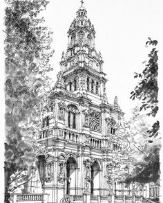 a drawing of a building with a clock on it's tower and trees in the background