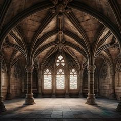 the interior of an old building with stone columns and arches