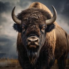 a large buffalo standing on top of a dry grass field under a dark cloudy sky