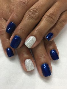 New Years Nail Designs Navy Blue, Nail Art Designs For Hanukkah, Royal Blue Gel Nails Ideas, Navy Blue And Silver Nails Short, Royal Blue White Nails, Royal Blue And Silver Nails Short, Royal Blue Gel Nails Short, Blue And White Nails Ideas, Gel Nails Royal Blue