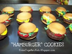 hamburger cookies are arranged on a cookie sheet to look like they're ready to be eaten