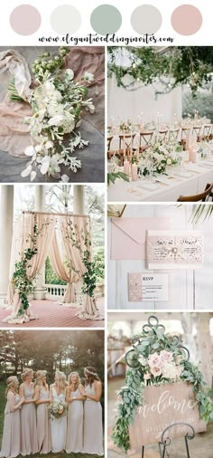 a collage of photos with flowers, greenery and wedding decorations in shades of pink