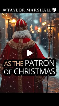 a man dressed as the patron of christmas is standing in front of a snowy street