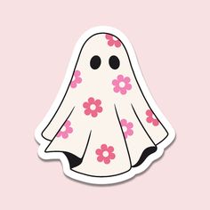 a sticker depicting a ghost with pink flowers on it's body and eyes