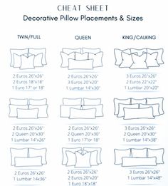 an image of decorative pillow placements and sizes for king / queen size bedding