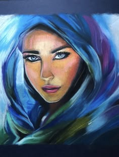 a painting of a woman's face with blue hair and green scarf over her head