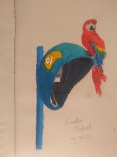 a drawing of a parrot sitting on top of a blue birdhouse