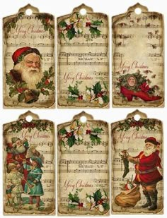 four christmas tags with santa claus and holly wreaths on them, all in different styles