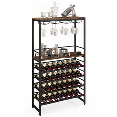 a wine rack with many bottles and glasses on top of it, in front of a white background