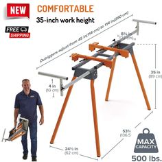 a man is holding a table sawhorse and standing next to the measurements for it