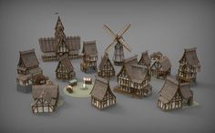 a bunch of small houses with windmills in the front and side by side on a gray background