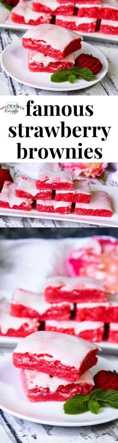 strawberry brownies with white icing and green leaves on top, sitting on a plate