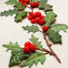 some red berries and green leaves on a white cloth