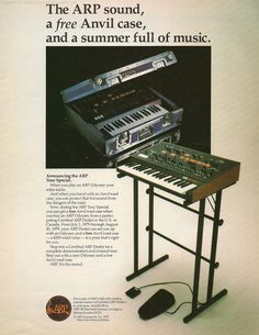 an advertisement for the arp sound system, with music equipment in front of it